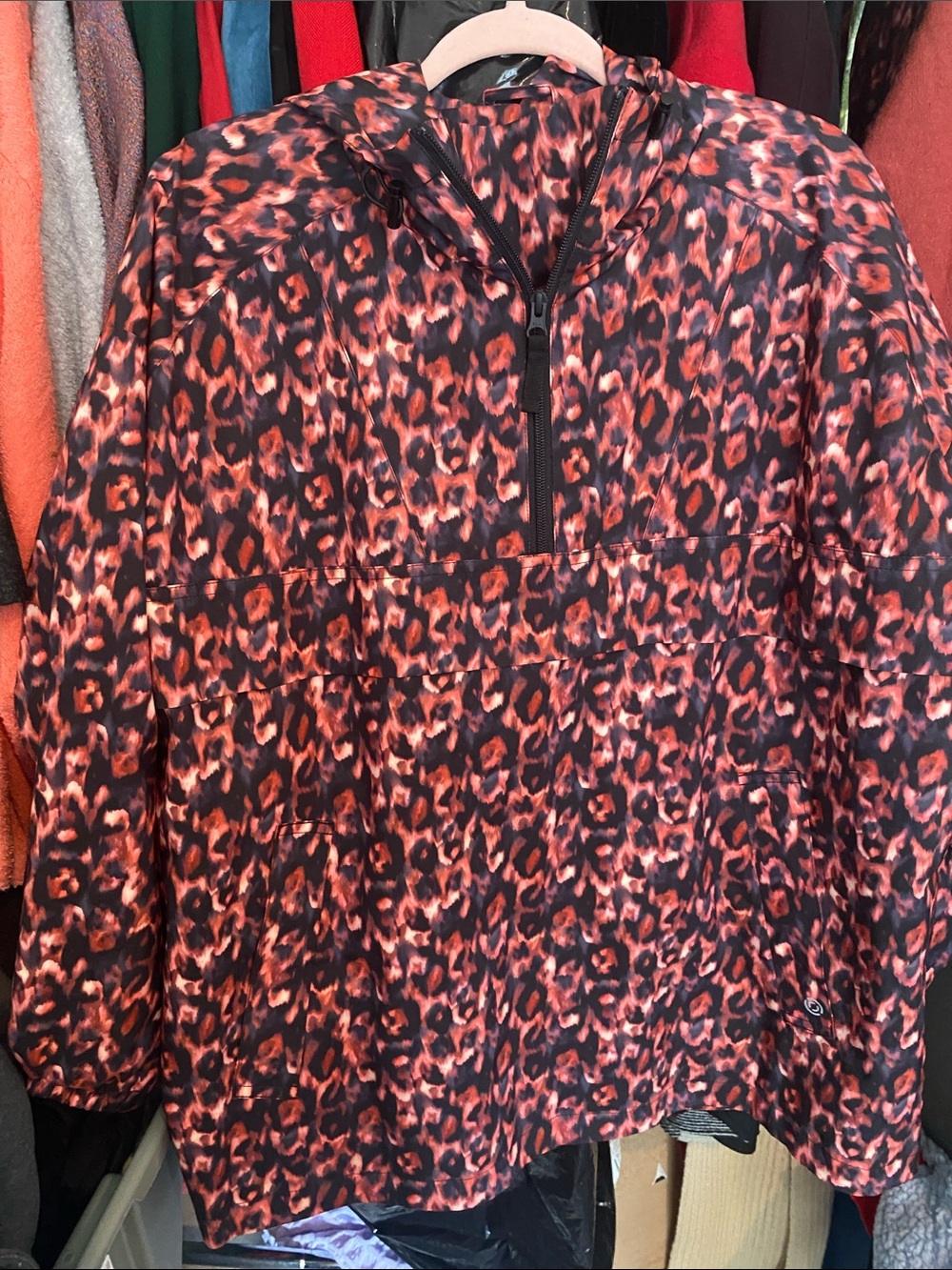 Leopard Print Pullover Anorak Jacket - Black & Red unisex outside water resistan